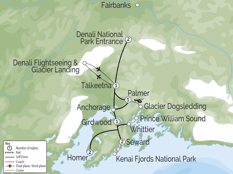 Alaska Driving Tour Denali Prince William Sound Kenai Fjord map