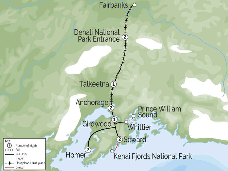 Alaska Train Vacation Kenai Road Trip Combo map