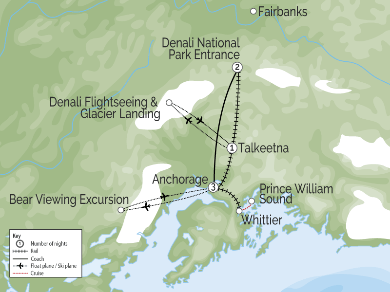 Alaska Train with Denali Icebergs & Bears map
