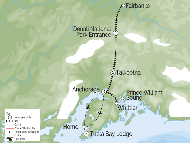 Alaska’s Lodges, Glaciers & Denali map