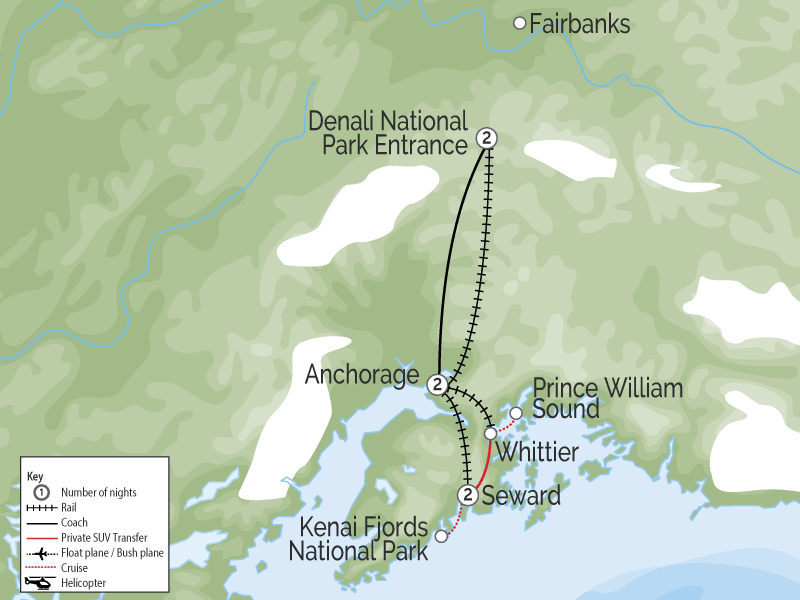 Glaciers, Fjords Denali & Alaska Train Vacation map