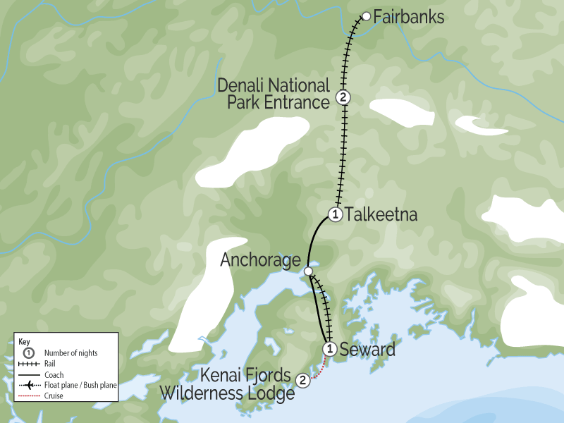 Kenai Fjords Denali Explorer | Alaska Rail Tour map